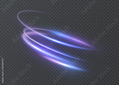 Translucent arcs of bright light with sci-fi neon illumination. Energetic rotation for dynamic visual scenes.