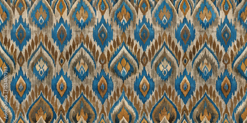 Vibrant blue and gold patterned fabric with an intricate design.