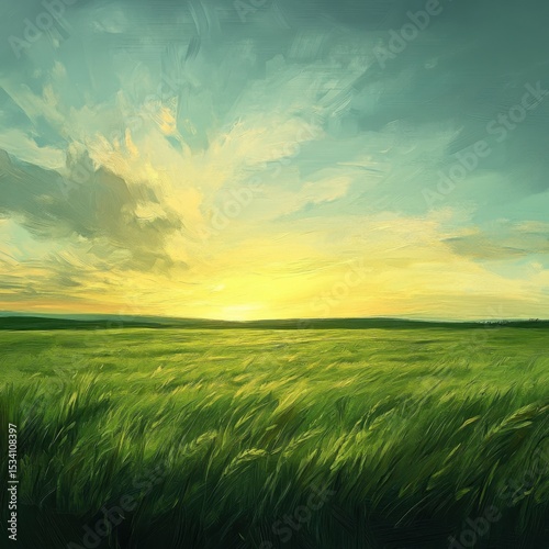 A Scenic Sunset Over a Serene Grassland with Gentle Clouds