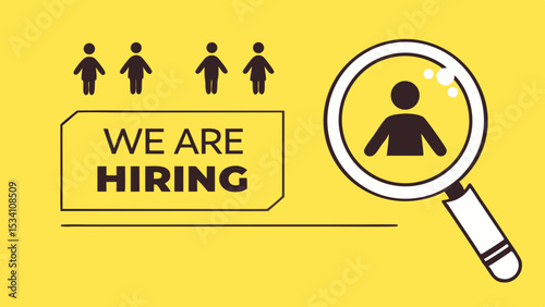 A modern recruitment-themed vector with a bright yellow background, featuring a 'WE ARE HIRING' search bar and a magnifying glass highlighting candidate icons