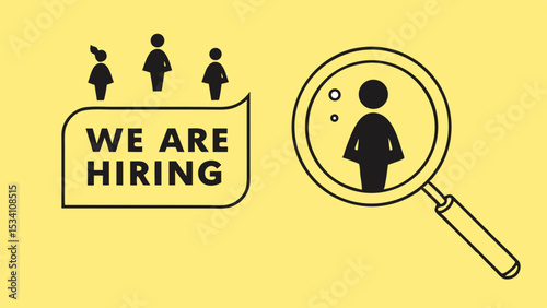 A modern recruitment-themed vector with a bright yellow background, featuring a 'WE ARE HIRING' search bar and a magnifying glass highlighting candidate icons