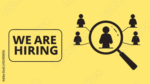 A modern recruitment-themed vector with a bright yellow background, featuring a 'WE ARE HIRING' search bar and a magnifying glass highlighting candidate icons