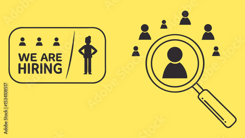 A modern recruitment-themed vector with a bright yellow background, featuring a 'WE ARE HIRING' search bar and a magnifying glass highlighting candidate icons