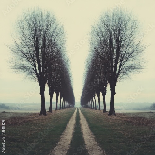 A symmetrical line of trees framing a straight pathway leading to an open area