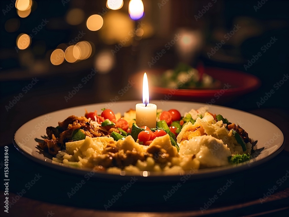 Fototapeta premium Delicious and romantic dinner plate is illuminated by the warm glow of a single candle, creating a cozy and intimate atmosphere with a soft bokeh background
