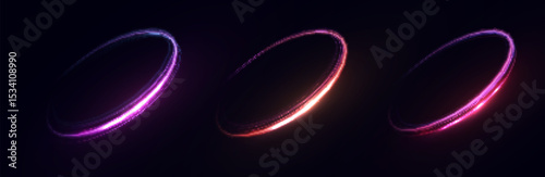 Glowing rings with neon glow texture and tilt to the side. Brightly glowing ellipses with purple-red glow on a black background.