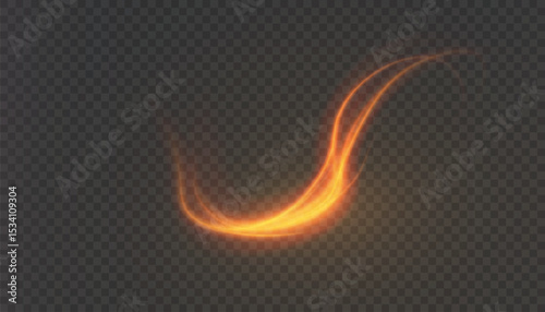 Fiery arc of light with hot glow and smoky trail. Bright trail of movement of fiery stream on transparent background.