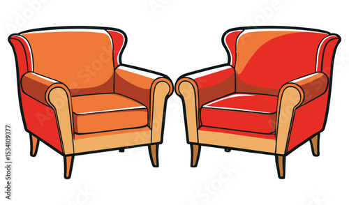 Photo of two plush armchairs, one orange and one red, sit invitingly isolated on white background