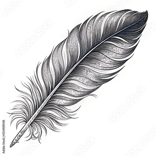 Vector Bird Feather Engraved Ink Art – Black and White Isolated Feather Illustration on White Background