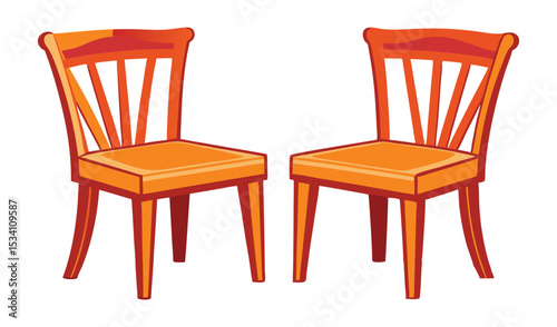Photo of two simple orange wooden chairs sit side by side, isolated on white background