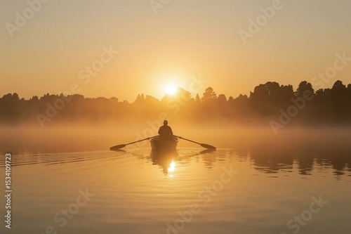 Person in a Boat on a Serene Lake.The concept of a calm mind through peace, relaxation and freedom.