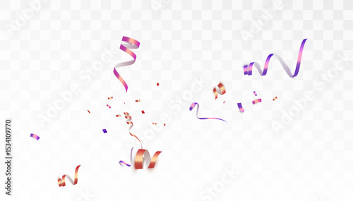 Festive pink and purple streamers and confetti. Festive design element for illustrations.