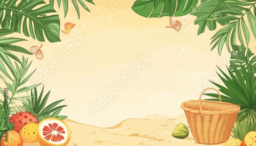 Beach scenery featuring palm leaves a basket and fruits in a hand-drawn style