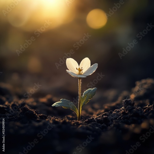 A delicate white flower emerging from dark soil