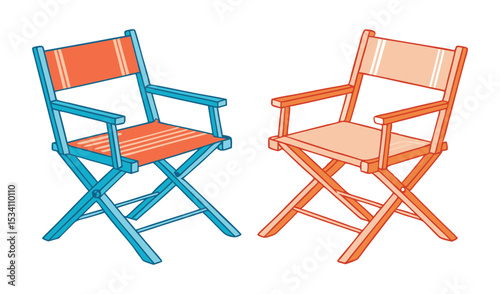 Photo of two directors chairs, one teal and one orange, with striped canvas seats, isolated on white background