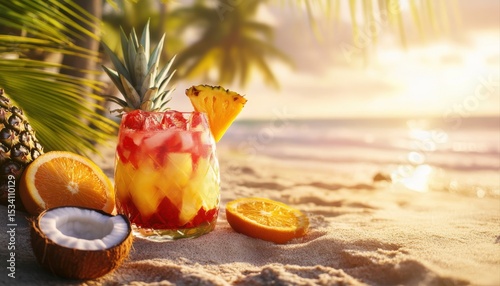 A vibrant tropical drink adorned with slices of pineapple and orange resting on the sandy shores of an exotic beach