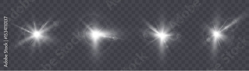 Flashes of light with soft highlights and rays on transparent background. White shining effects with haze and glitter.