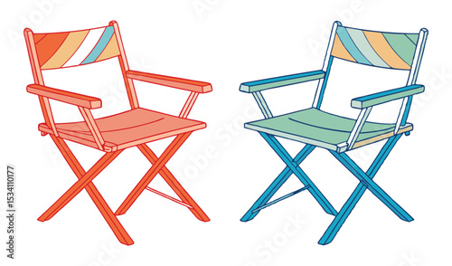 Photo of two striped directors chairs, one coral and one teal, sit isolated on white background