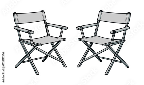 Photo of two gray director chairs, isolated on white background, await the start of filming