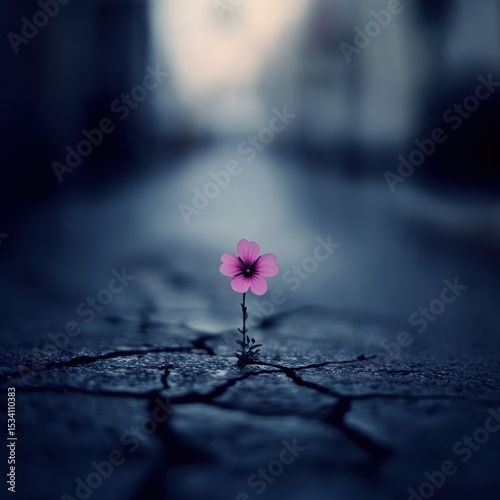 A solitary pink flower emerging from cracked pavement on a deserted street
