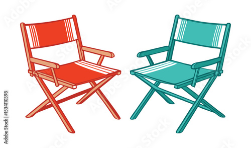 Photo of two vibrant directors chairs, one red and one teal, isolated on white background