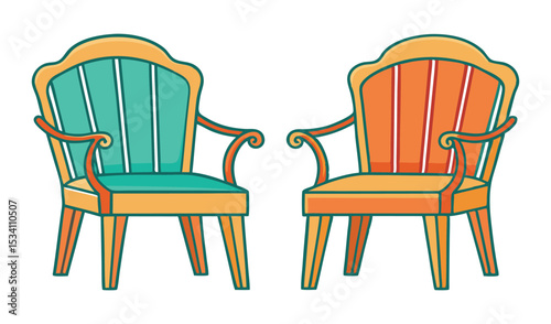 Photo of two vintage armchairs, one teal and one orange, face each other, isolated on white background