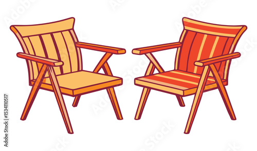 Photo of two striped and solidcolor wooden chairs face each other, isolated on white background
