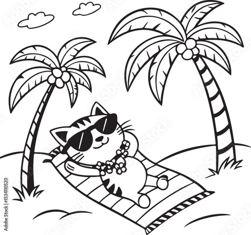 Cool Cat Relaxing on Tropical Beach Fun Summer Coloring Page