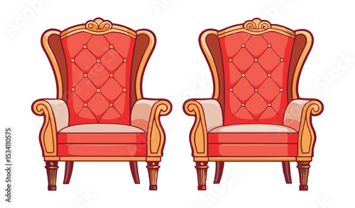 Photo of two regal red and gold armchairs, isolated on white background, await their occupants