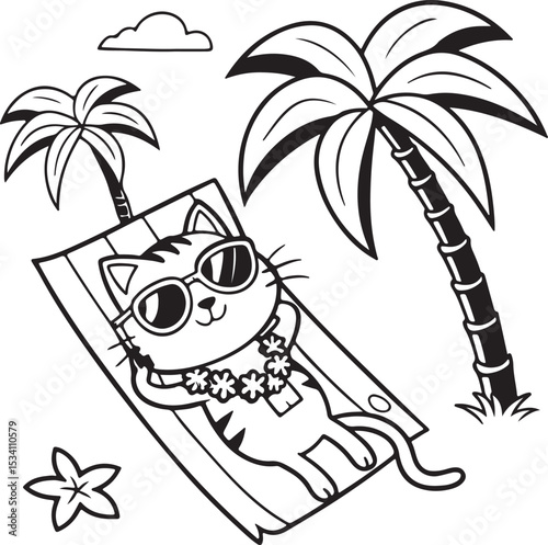 Cool Cat Relaxing on Tropical Beach Fun Summer Coloring Page