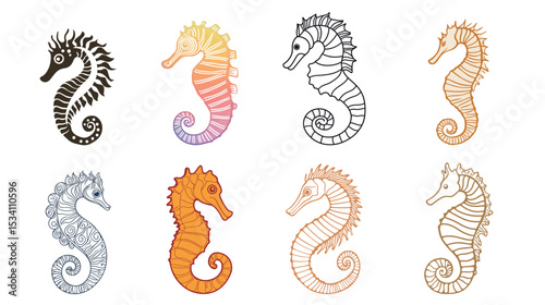 Minimalist line art illustration of a seahorse on a white background, showcasing delicate curves and marine elegance, perfect for ocean, nature, and aquatic design concepts