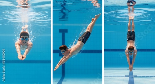 Swimmer Diving Underwater in Pool Sequence