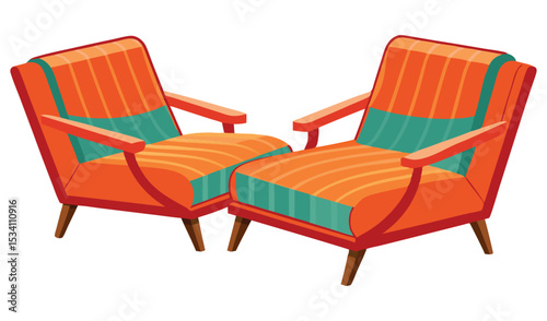 Photo of two midcentury modern orange and teal striped armchairs, isolated on white background