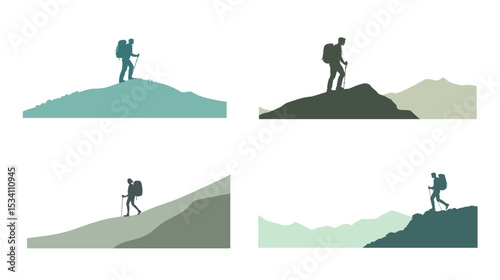 A minimalistic vector design of a hiker with a stick, simplified silhouette of a person trekking, outdoor adventure, wanderer exploring nature, clean and bold style
