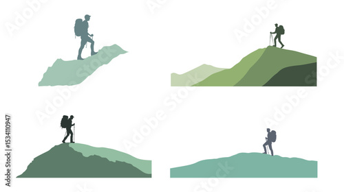 A minimalistic vector design of a hiker with a stick, simplified silhouette of a person trekking, outdoor adventure, wanderer exploring nature, clean and bold style