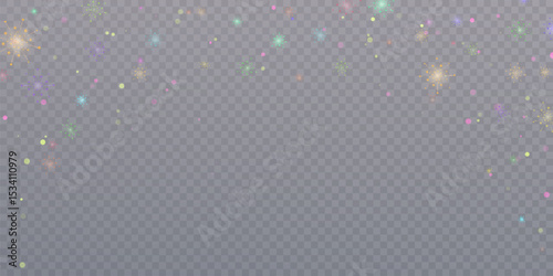 Abstract glitter lights, flickering lights and flashes of light in rainbow palette. Holiday background effect for overlays and illustrations.