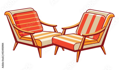 Photo of two midcentury modern armchairs with striped cushions, isolated on white background