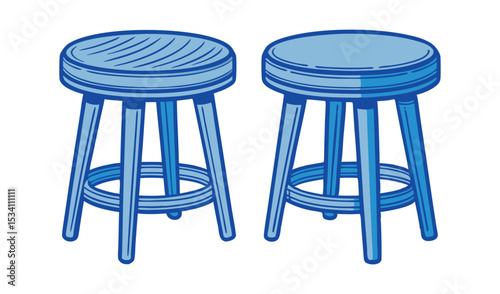 Photo of two simple blue wooden stools, isolated on white background