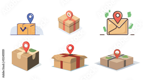 A package with a map pin indicating order track, delivery, GPS, location, logistics, online shopping, shipment, vector icon, delivery service, track order
