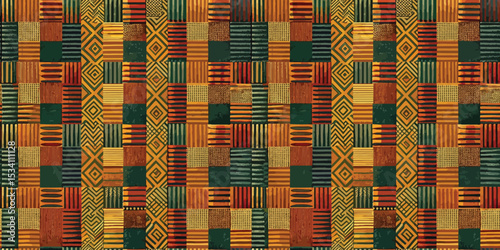 Colorful African-inspired pattern featuring geometric shapes and earthy tones.