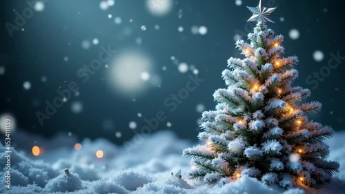 Snow-covered Christmas tree with lights in winter night scene  