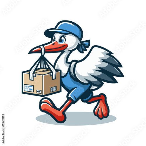 Stork mascot delivering a package, Cute Vector Mascot