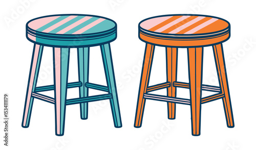 Photo of two striped stools, teal and orange, isolated on white background