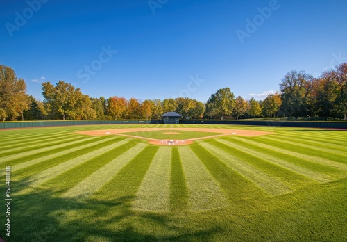 A serene view of a baseball field surrounded by vibrant greenery