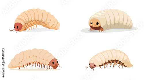 A close-up of a plump cream-colored grub with a reddish-brown head, detailed body segments, soft texture, insect larva, natural background, macro view, biology, entomology study
