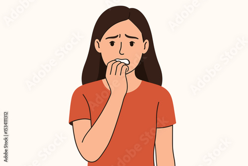 Nervous girl with fingers on lips expressing anxiety and mental health unease