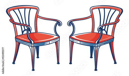 Photo of two crimson armchairs with elegant blue detailing face each other, isolated on white background