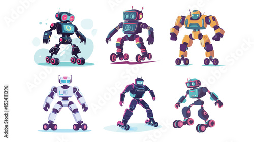 A robot with roller skates and neon lights, futuristic cyberpunk android, colorful glow, wheels, technology, vector illustration, energetic, fun, sci-fi