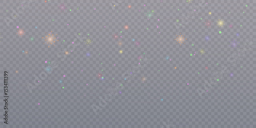Abstract glitter lights, flickering lights and flashes of light in rainbow palette. Holiday background effect for overlays and illustrations.