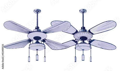 Photo of two elegant, paleblue ceiling fans with light fixtures, isolated on white background